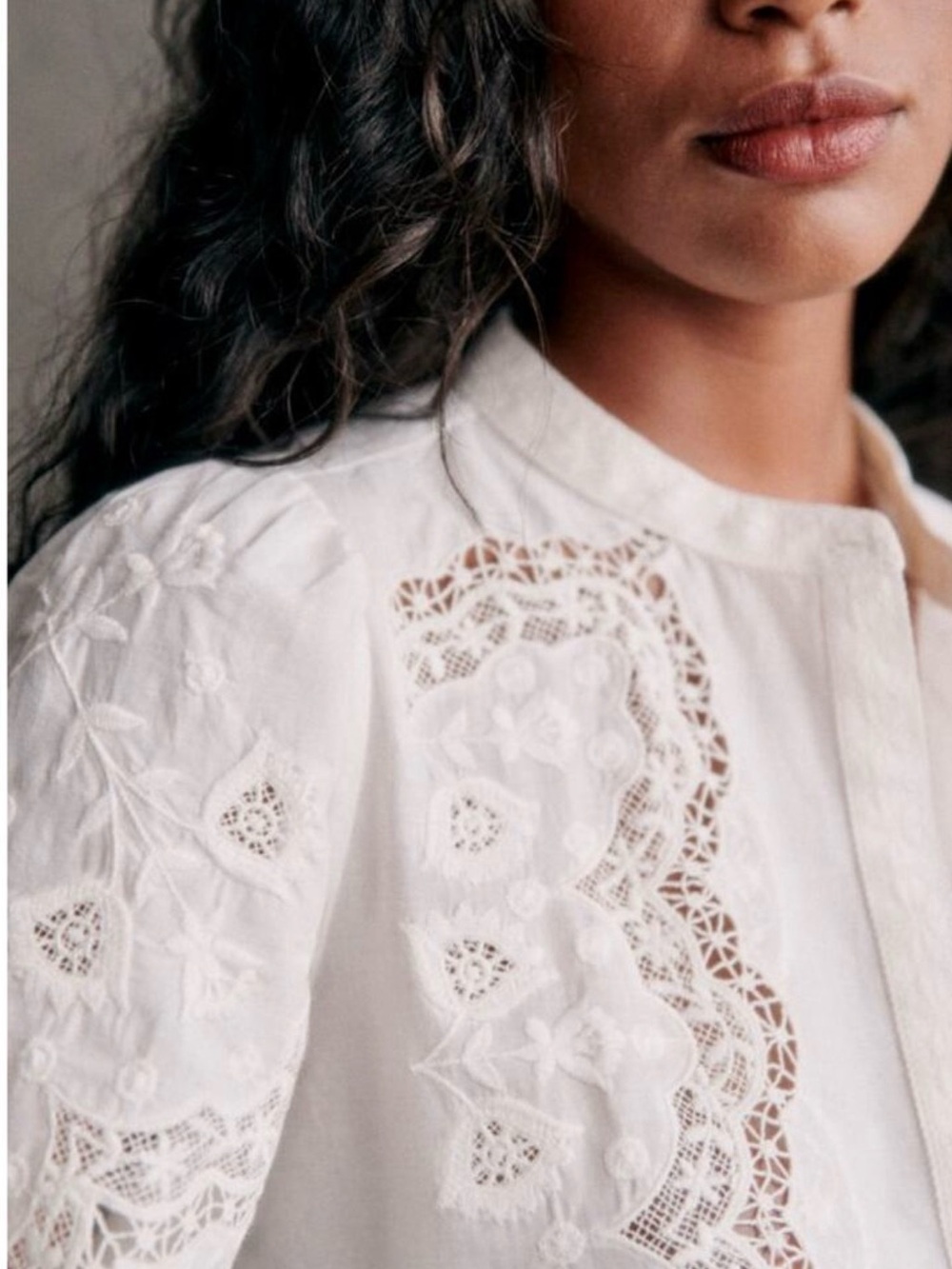Sézane Honey Blouse Embroidered Lace-Trim Button Front Top